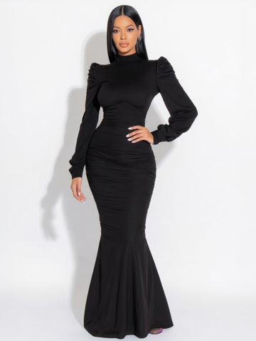 2025 Autumn Women's Dresses Simple Solid Color Long Sleeve High Neck Elegant Maxi Mermaid Evening Dresses