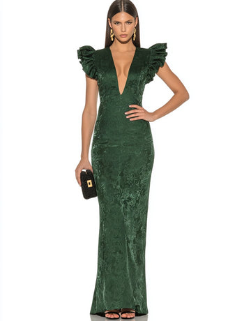 Autumn Winter Long Dress Plunge Neck Fly Sleeve Body Fit A-Line Skirt Style Formal Wear Women's Clothing Fashionable Gown