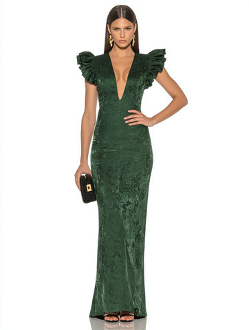 Autumn Winter Long Dress Plunge Neck Fly Sleeve Body Fit A-Line Skirt Style Formal Wear Women's Clothing Fashionable Gown