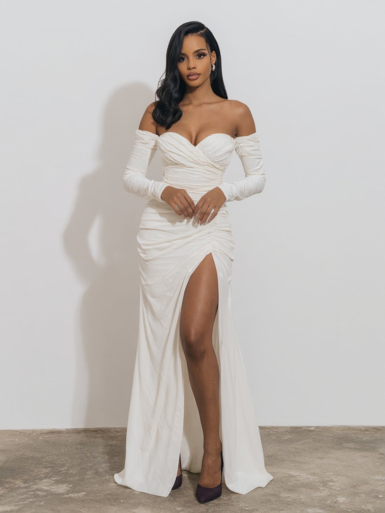 Women's 2025 Autumn Fashion Dresses Long Sleeve Off Shoulder Side Slit Plain Party Skinny Fit Dresses