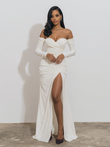 Women's 2025 Autumn Fashion Dresses Long Sleeve Off Shoulder Side Slit Plain Party Skinny Fit Dresses