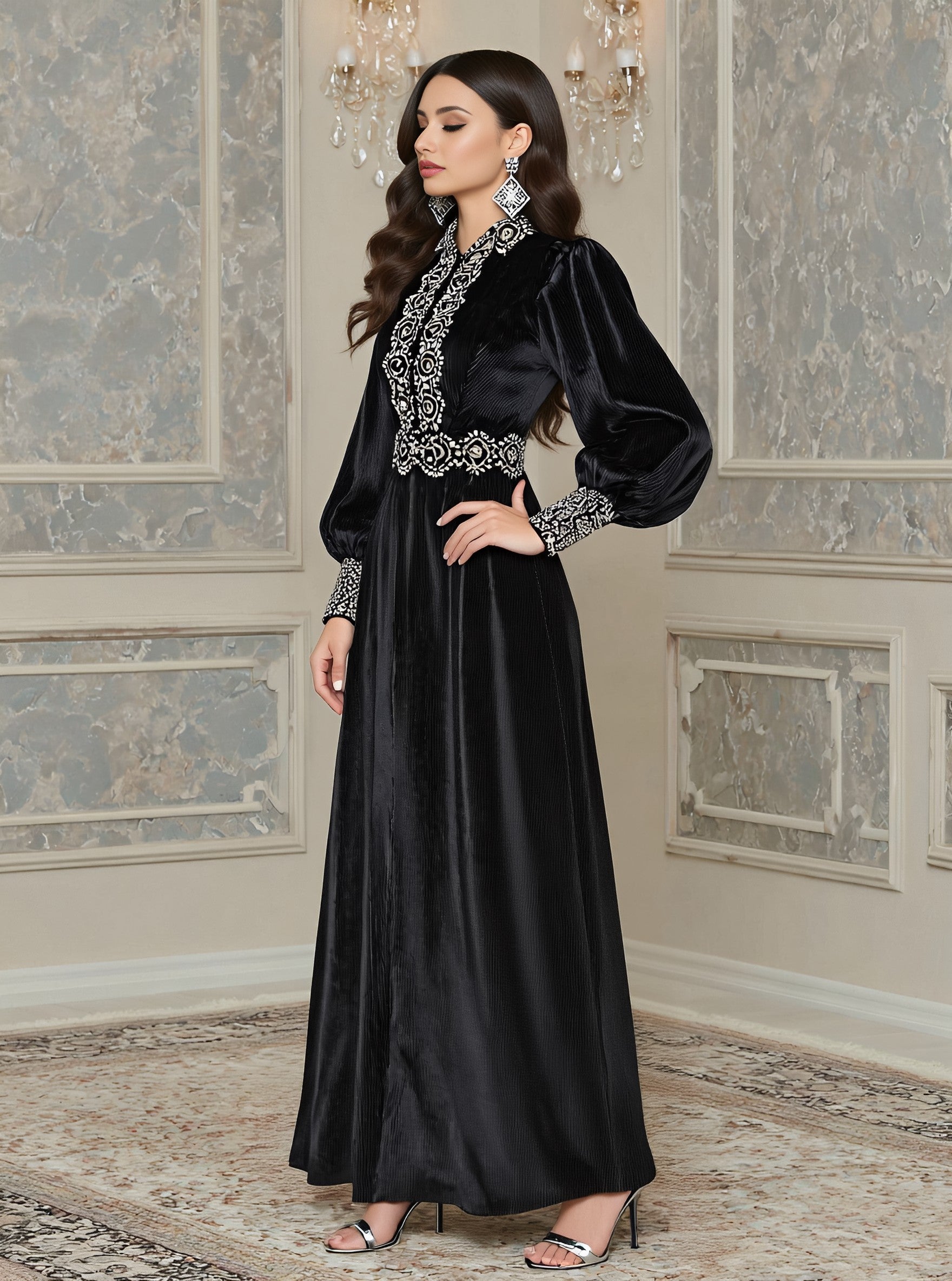 Casual Fit Midi Dress Lantern Sleeve Round Neck A-Line Skirt Autumn Fashion Muslim Women's Clothing Comfortable Long Dress