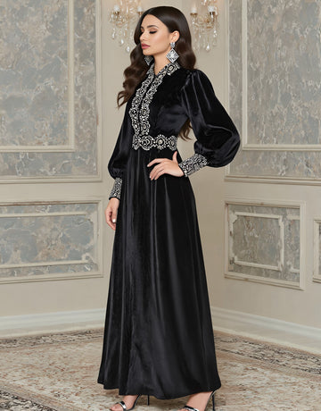 Casual Fit Midi Dress Lantern Sleeve Round Neck A-Line Skirt Autumn Fashion Muslim Women's Clothing Comfortable Long Dress