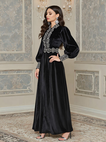 Casual Fit Midi Dress Lantern Sleeve Round Neck A-Line Skirt Autumn Fashion Muslim Women's Clothing Comfortable Long Dress