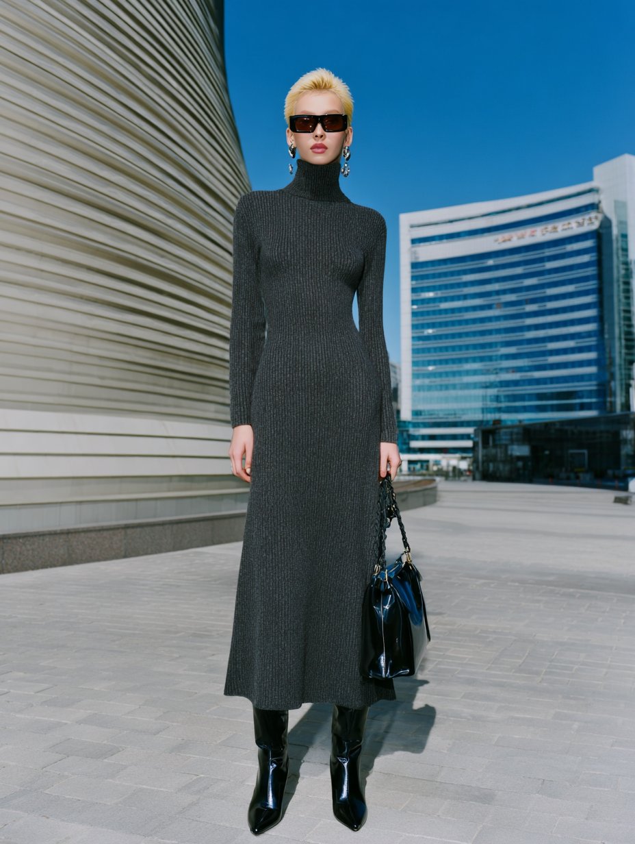 Autumn Tight Fit Dress High Collar Midi Skirt Casual Style Straight Sleeve Women's Clothing Fashionable Elegant