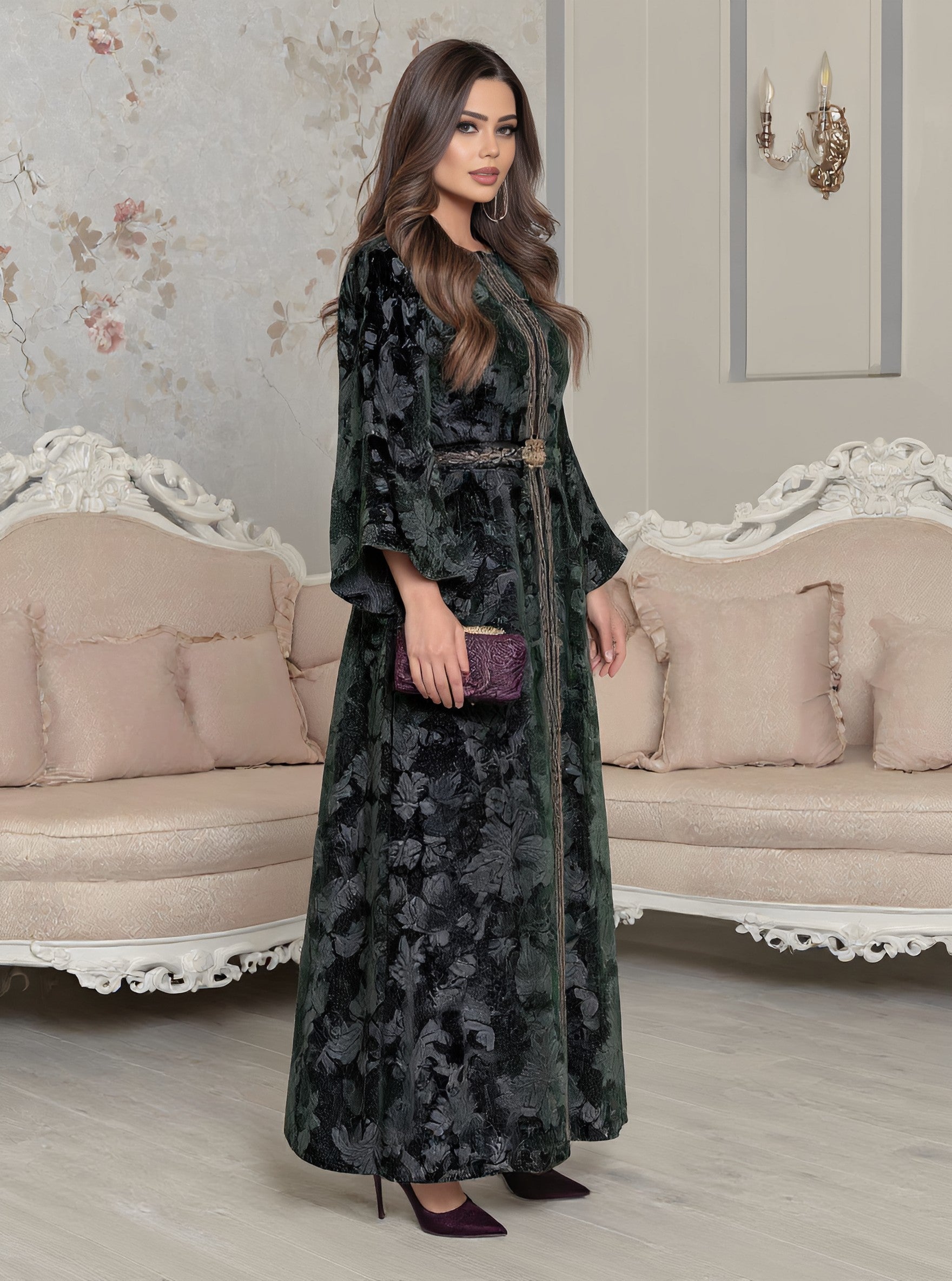 Autumn Jalabiyas Women's Casual Long Dress Round Neck Sleeve Style A-Line Skirt Arab Robe Fashion Middle East Clothing