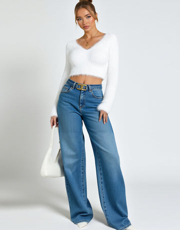 Women's Sweater Autumn Winter Korean Casual Solid Color Flocking Long Sleeve V-Neck Cropped Streetwear Sweater