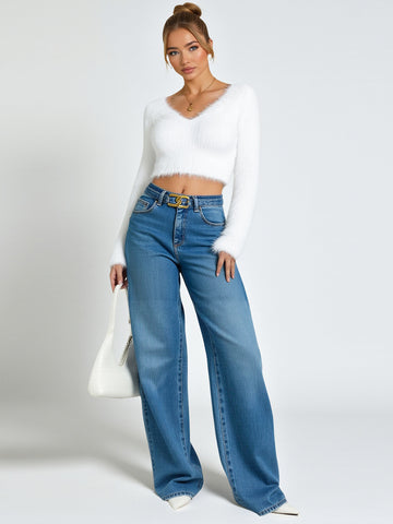 Women's Sweater Autumn Winter Korean Casual Solid Color Flocking Long Sleeve V-Neck Cropped Streetwear Sweater