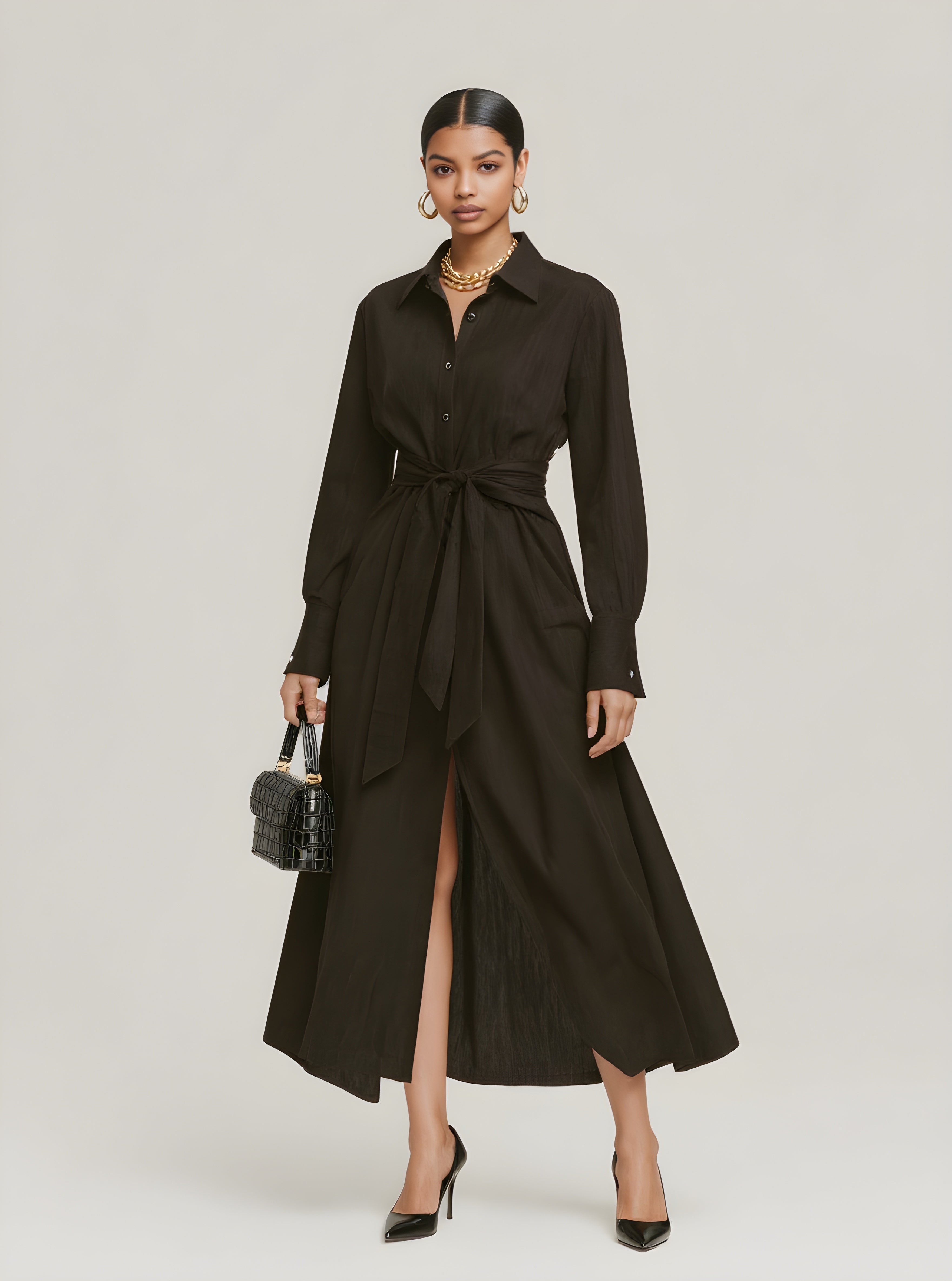 Autumn Dresses 2025 Women's Decent Plain Long Sleeve Shirt Collar Lace-Up Office Lady Midi A-Line Dresses