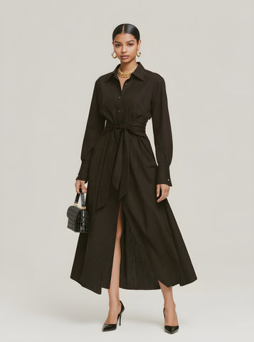 Autumn Dresses 2025 Women's Decent Plain Long Sleeve Shirt Collar Lace-Up Office Lady Midi A-Line Dresses