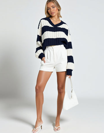 European And American Autumn Winter Long Sleeve V-Neck Twist Knitted Sweater Loose Fit Contrast Striped Women's Top