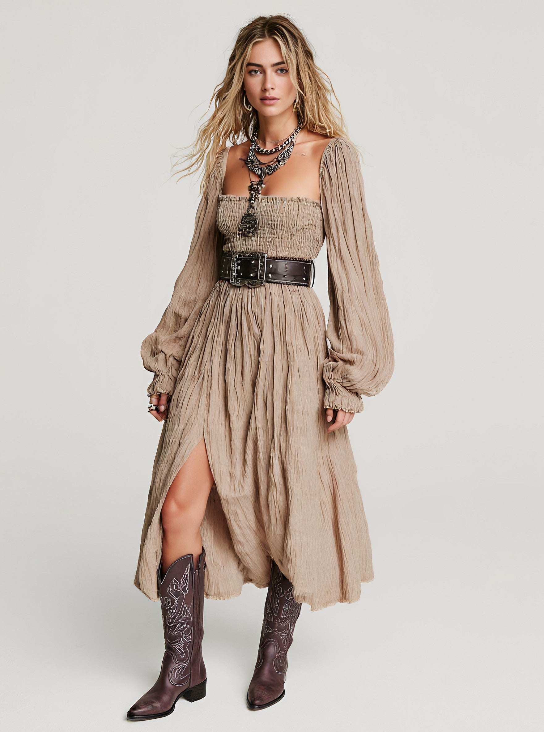 Casual Square Neck Midi Dress Autumn Fit A-Line Skirt Lantern Sleeve Length Body Shape Women's Fashion Dress