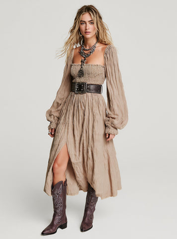 Casual Square Neck Midi Dress Autumn Fit A-Line Skirt Lantern Sleeve Length Body Shape Women's Fashion Dress