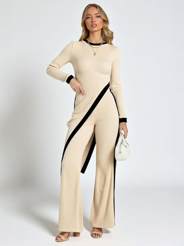 Women's Sets Autumn Fashion Asymmetrical Side Stripe 2025 Round Neck Long Sleeve Top Fit Full Length Pants Casual Sets