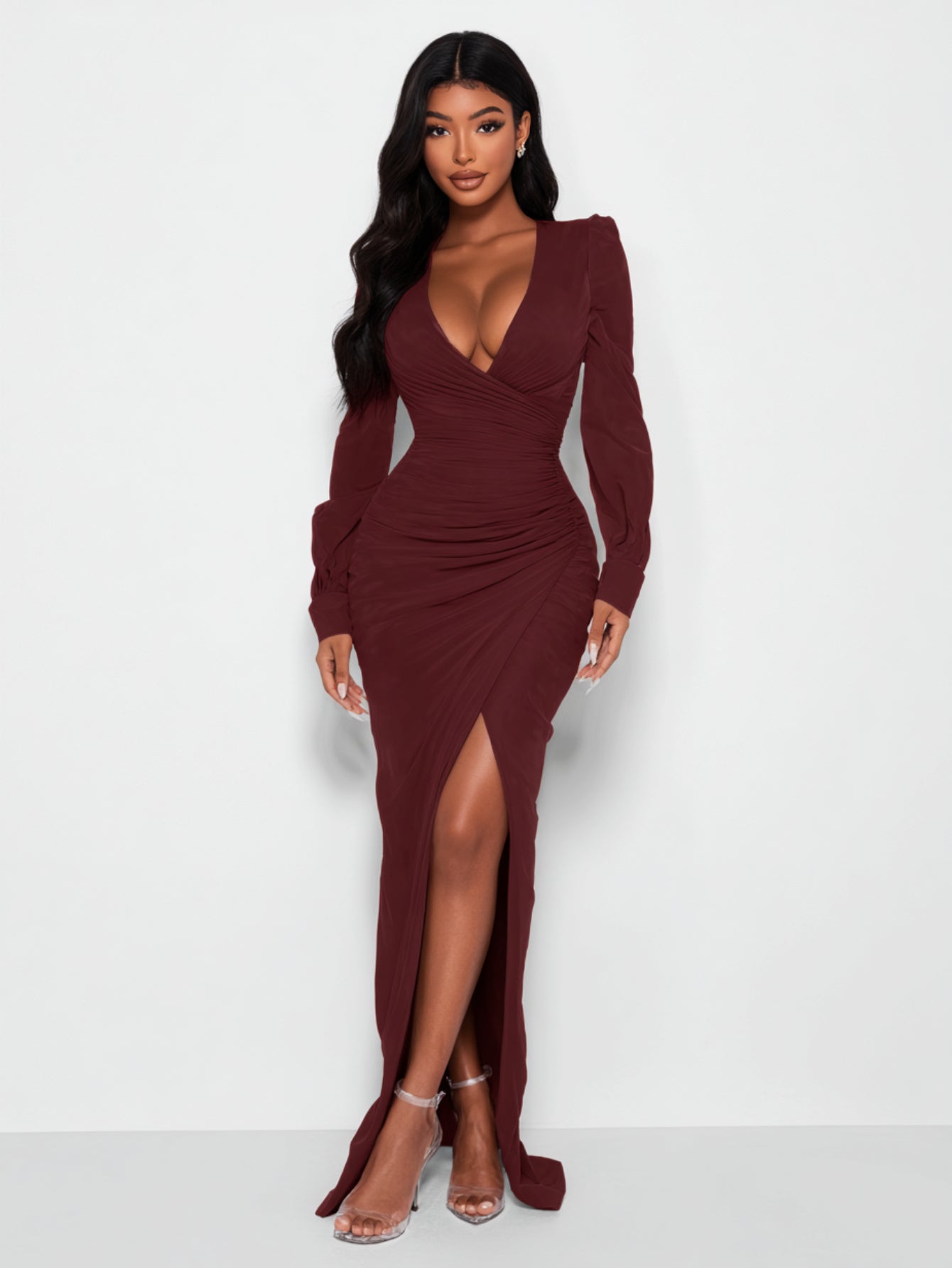 2025 Autumn Women's Dresses Sexy Solid Color Long Sleeve Plunge Neck Side Slit Elegant Maxi Evening Dresses
