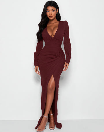 2025 Autumn Women's Dresses Sexy Solid Color Long Sleeve Plunge Neck Side Slit Elegant Maxi Evening Dresses
