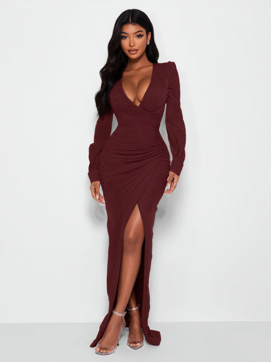 2025 Autumn Women's Dresses Sexy Solid Color Long Sleeve Plunge Neck Side Slit Elegant Maxi Evening Dresses