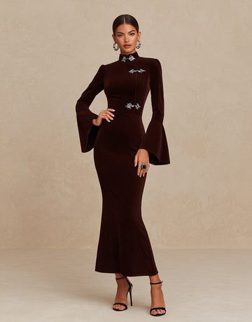 Autumn Dresses 2025 Women's Elegant Plain Long Flare Sleeve Mandarin Collar Mermaid Party Midi Dress
