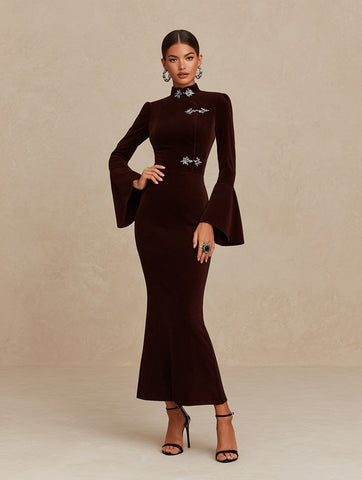 Autumn Dresses 2025 Women's Elegant Plain Long Flare Sleeve Mandarin Collar Mermaid Party Midi Dress