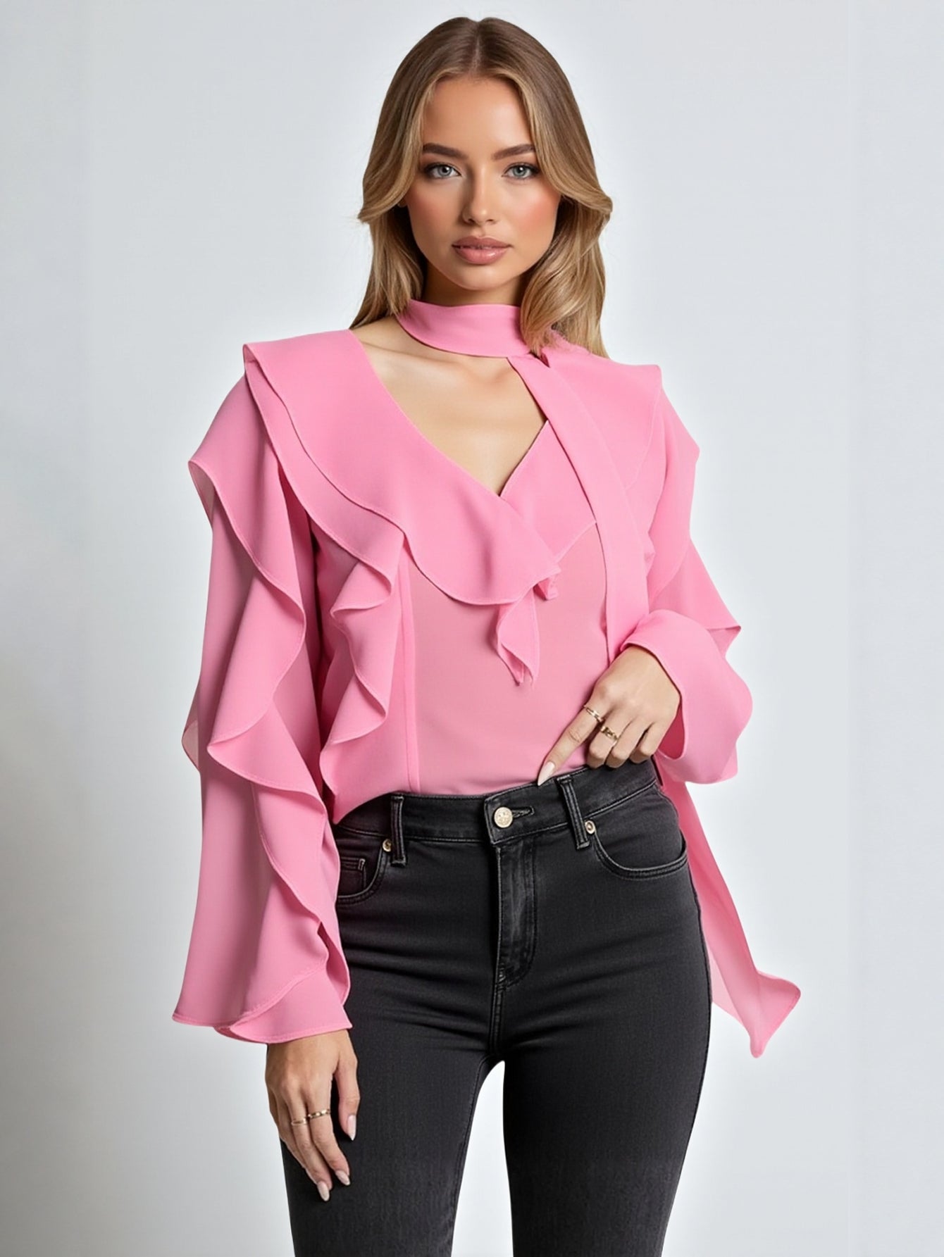 Autumn 2025 Women's Elegant Plain Sheer Straps Long Flare Sleeve V-Neck Flounce Daily Basic Blouses