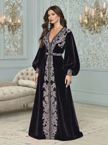 Autumn Jalabiyas Long A-Line Gown With V-Neck And Lantern Sleeves Casual Fit Muslim Women's Fashion Arabic Robe