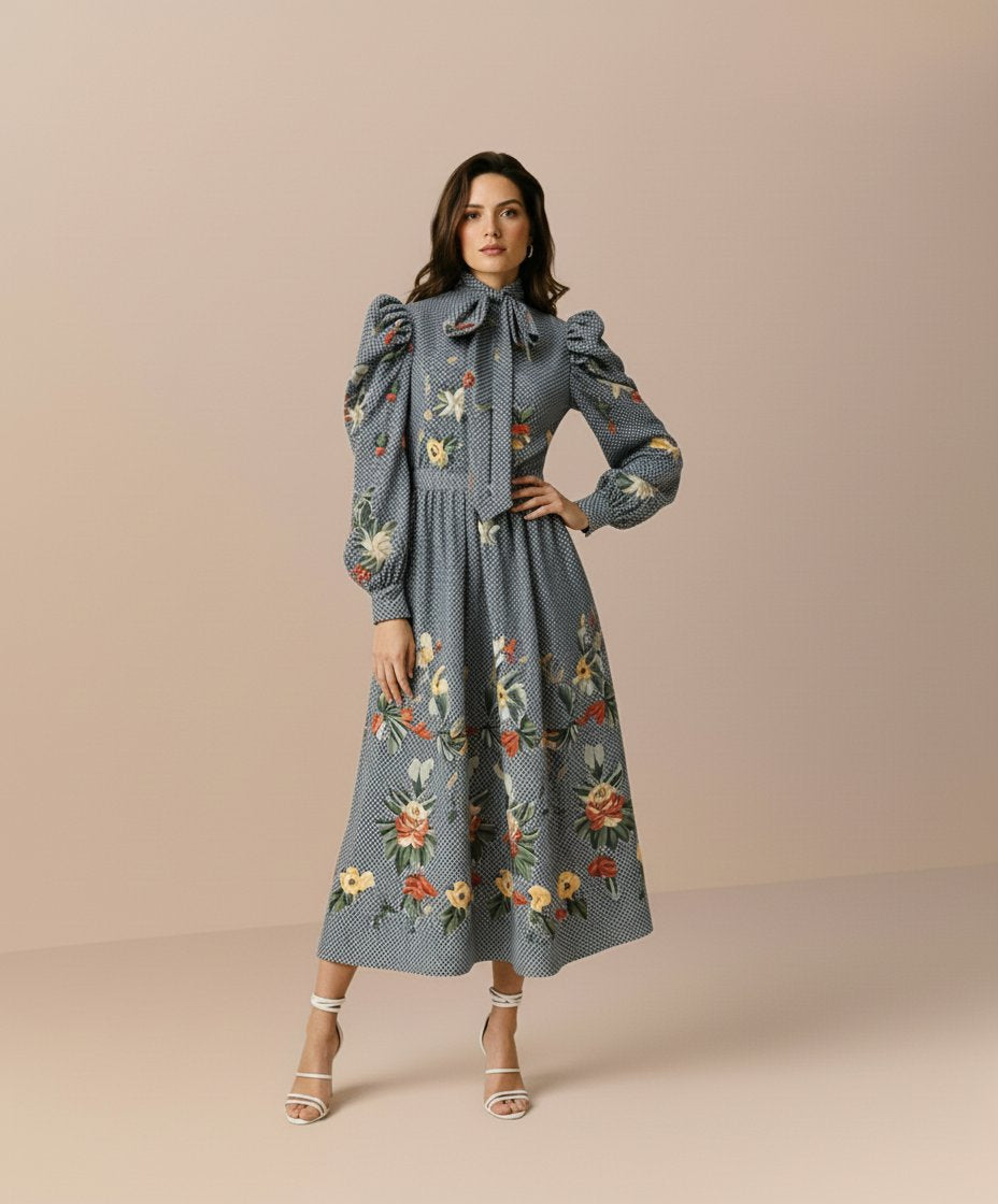 Autumn Winter Casual Dress Mid-Length A-Line Skirt Style With Bow Tie Neck And Lamb Leg Sleeve Body-Fitting Fashion