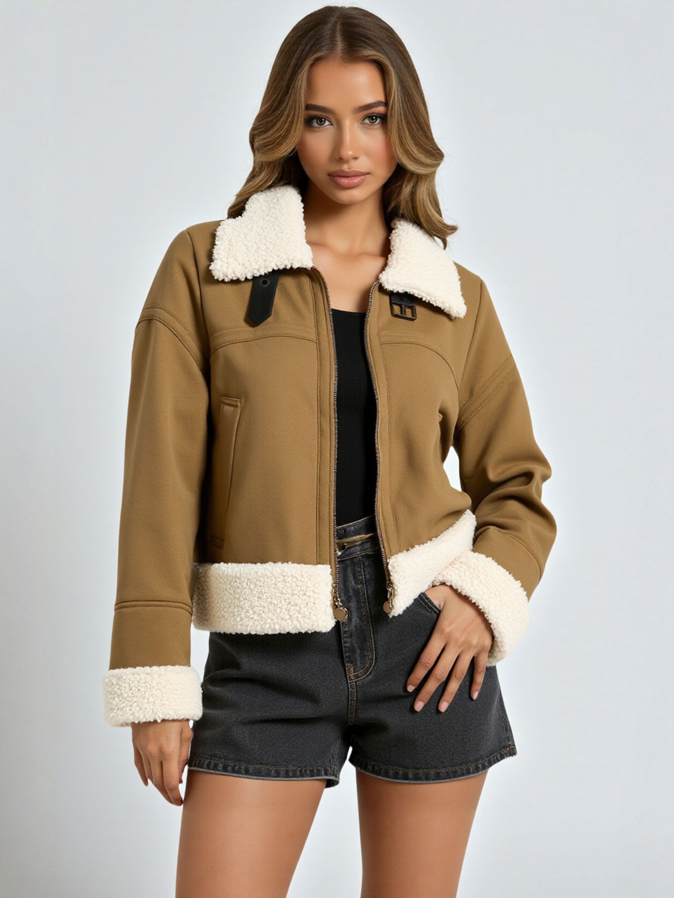 Autumn Winter Double-Sided Jacket European American Style Casual Fashion Middle Zipper Decoration Short Coat for Women