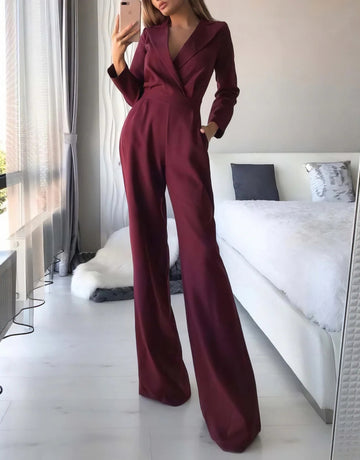 Autumn Women's Jumpsuits Decent Simple Solid Color Long Sleeve Lapel Full Length Straight Office Lady Jumpsuits