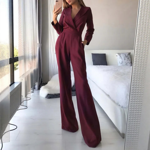 Autumn Women's Jumpsuits Decent Simple Solid Color Long Sleeve Lapel Full Length Straight Office Lady Jumpsuits