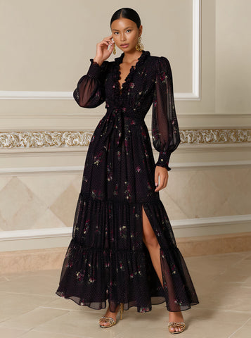 Autumn Dress Mid-Length A-Line Skirt V-Neck Lantern Sleeve Casual Style Body-Fitting Women's Clothing