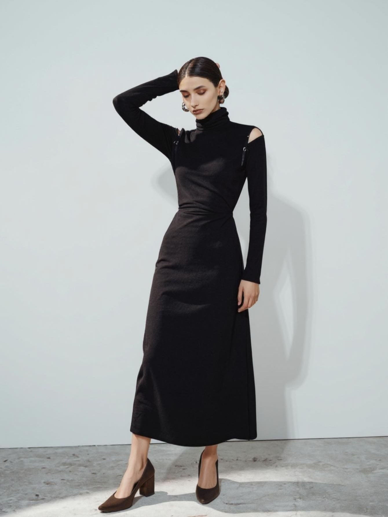 Autumn Dresses 2025 Women's Fashion Solid Color Long Sleeve High Neck A-Line Midi Streetwear Dresses