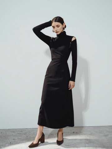 Autumn Dresses 2025 Women's Fashion Solid Color Long Sleeve High Neck A-Line Midi Streetwear Dresses
