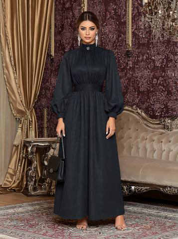 Casual Mid-Length A-Line Dress Half-High Collar Lantern Sleeve Body-Fitting Muslim Women's Fashion Dress