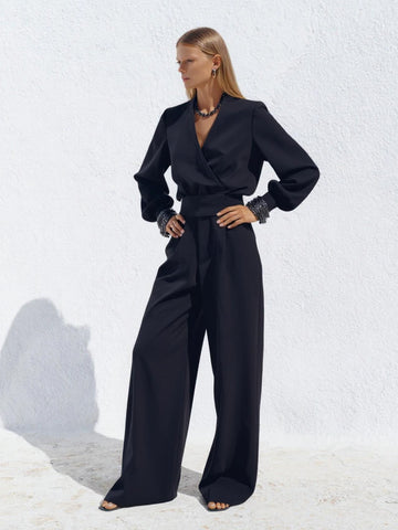 Autumn Sets 2025 Women's Fashion Plain Long Sleeve V-Neck Blouses Full Length High Waist Wide Leg Pants Work Sets