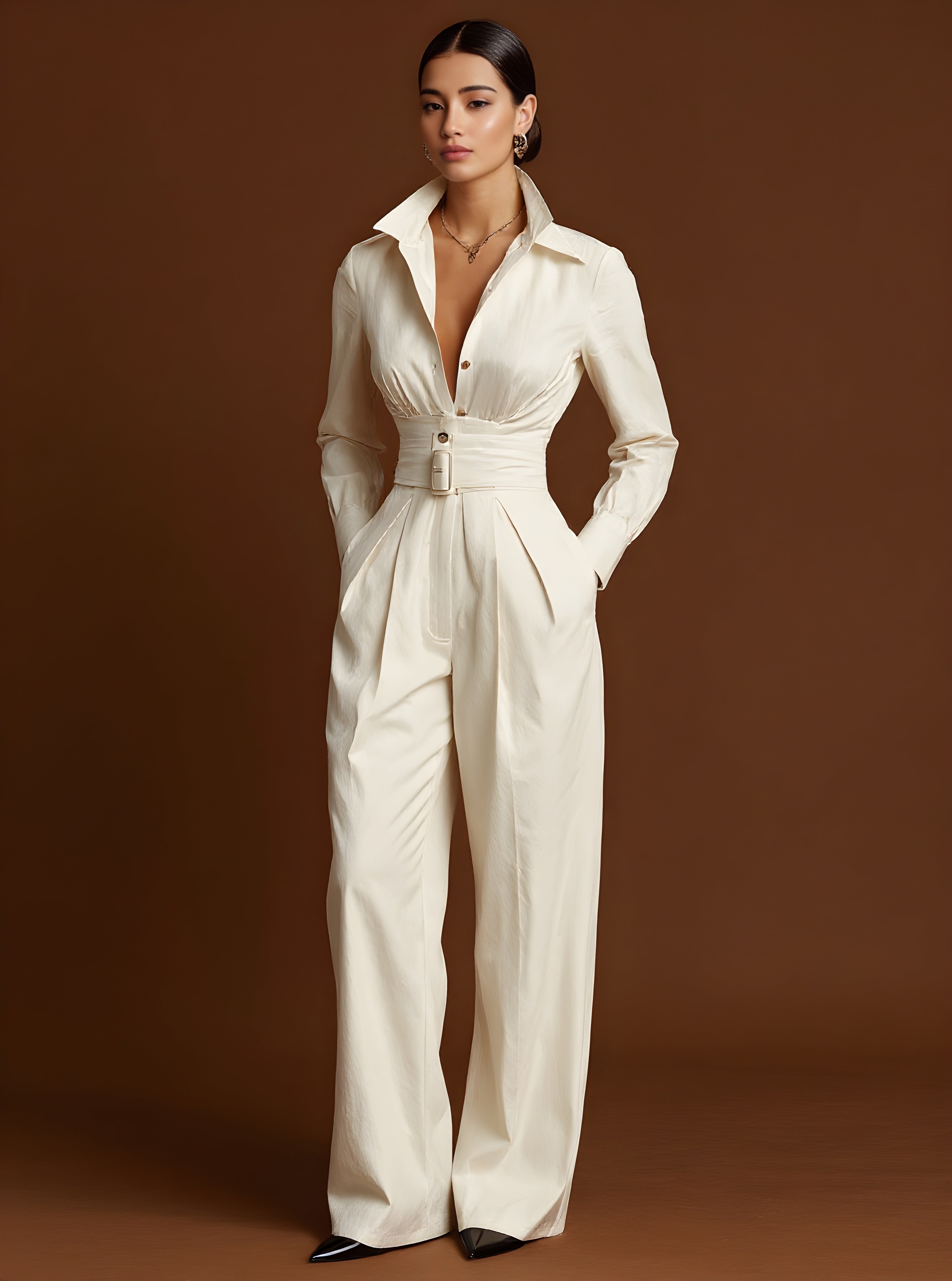 Autumn Pants 2025 Women's Fashion Plain Rufled Waist Pockets Full Length Straight Daily Basic Pants