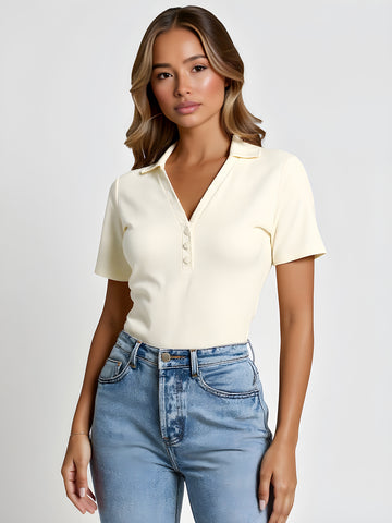 Jumpsuits Spring Summer Simple Daily Plain Button Short Sleeve Polo Collar Cropped Casual Jumpsuits For Women