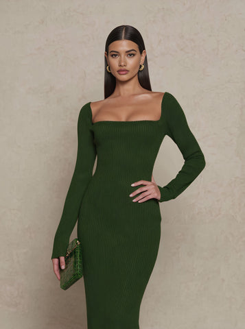 Autumn Tight Fit Dress Square Collar Mid-Length A-Line Skirt Casual Style Straight Sleeve Length Women's Fashion Dress