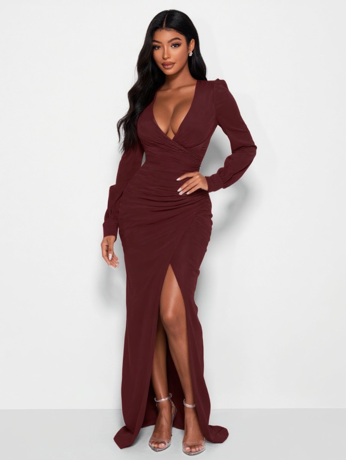 2025 Autumn Women's Dresses Sexy Solid Color Long Sleeve Plunge Neck Side Slit Elegant Maxi Evening Dresses