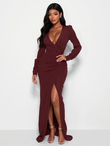 2025 Autumn Women's Dresses Sexy Solid Color Long Sleeve Plunge Neck Side Slit Elegant Maxi Evening Dresses