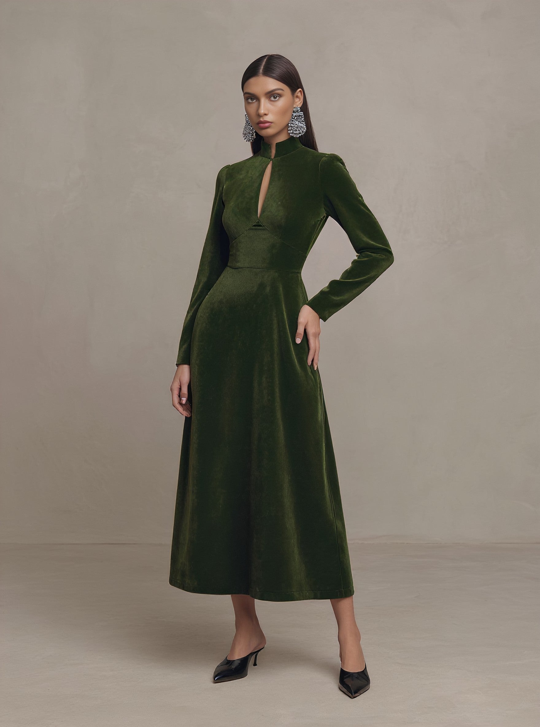 Autumn Tight Fit Midi Dress Chinese Style Qipao Collar Straight Sleeve Casual A-Line Skirt Long Evening Gown Women's Fashion