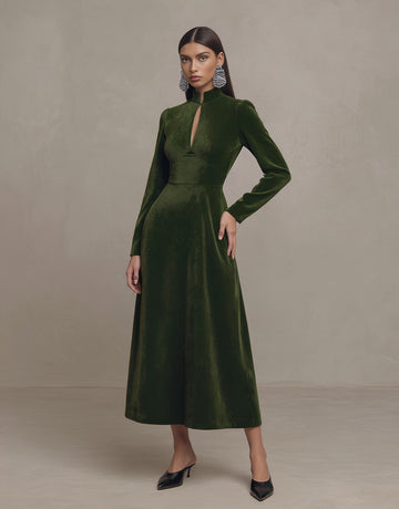 Autumn Tight Fit Midi Dress Chinese Style Qipao Collar Straight Sleeve Casual A-Line Skirt Long Evening Gown Women's Fashion