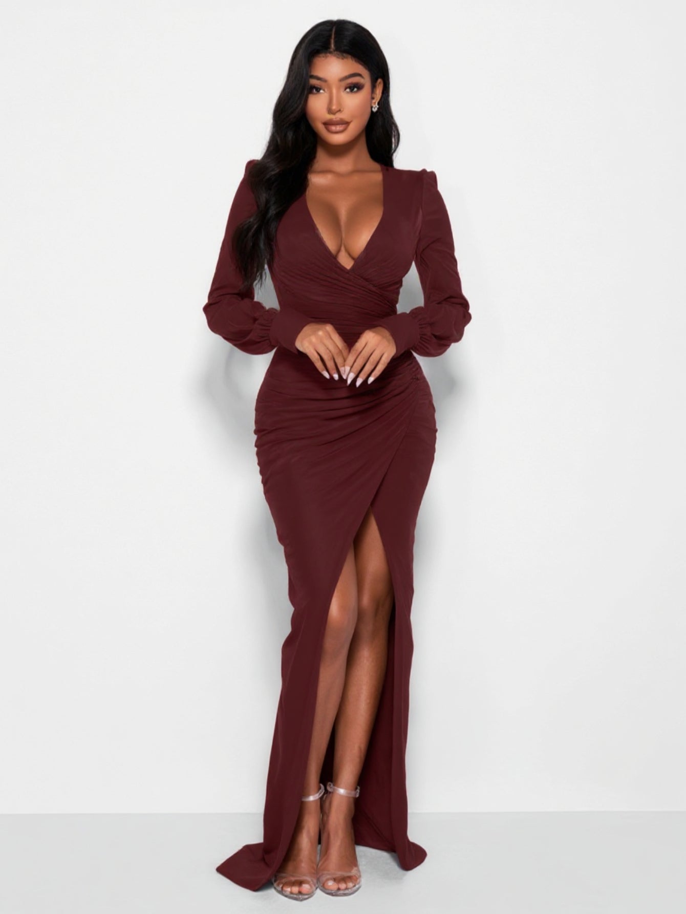 2025 Autumn Women's Dresses Sexy Solid Color Long Sleeve Plunge Neck Side Slit Elegant Maxi Evening Dresses