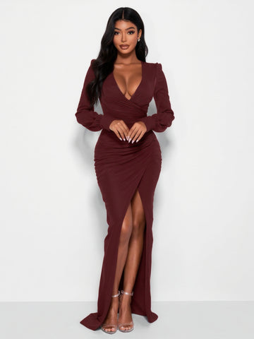 2025 Autumn Women's Dresses Sexy Solid Color Long Sleeve Plunge Neck Side Slit Elegant Maxi Evening Dresses