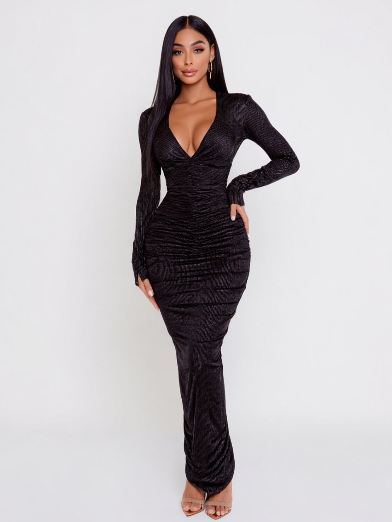 2025 Women's Autumn Dresses Sexy Solid Color Long Sleeve Plunge Neck Ruched Elegant Sheath Maxi Evening Dress