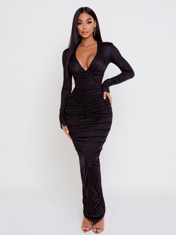 2025 Women's Autumn Dresses Sexy Solid Color Long Sleeve Plunge Neck Ruched Elegant Sheath Maxi Evening Dress