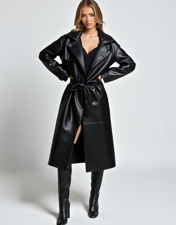 European and American Style 2025 New Winter Women's Retro Lapel Long-Sleeved Waist Lace-Up Double-Breasted Imitation Leather Outwear Jacket