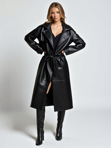 European and American Style 2025 New Winter Women's Retro Lapel Long-Sleeved Waist Lace-Up Double-Breasted Imitation Leather Outwear Jacket