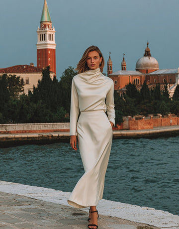 Women's Sets Autumn Winter Elegant Plain Bright Silk Long Sleeve Mock Neck Midi Vacation Lettuce Trim Sets