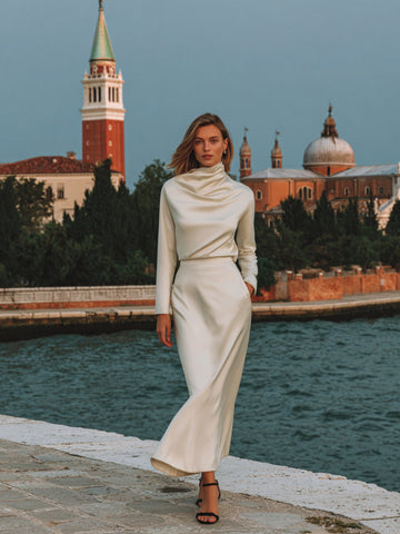 Women's Sets Autumn Winter Elegant Plain Bright Silk Long Sleeve Mock Neck Midi Vacation Lettuce Trim Sets