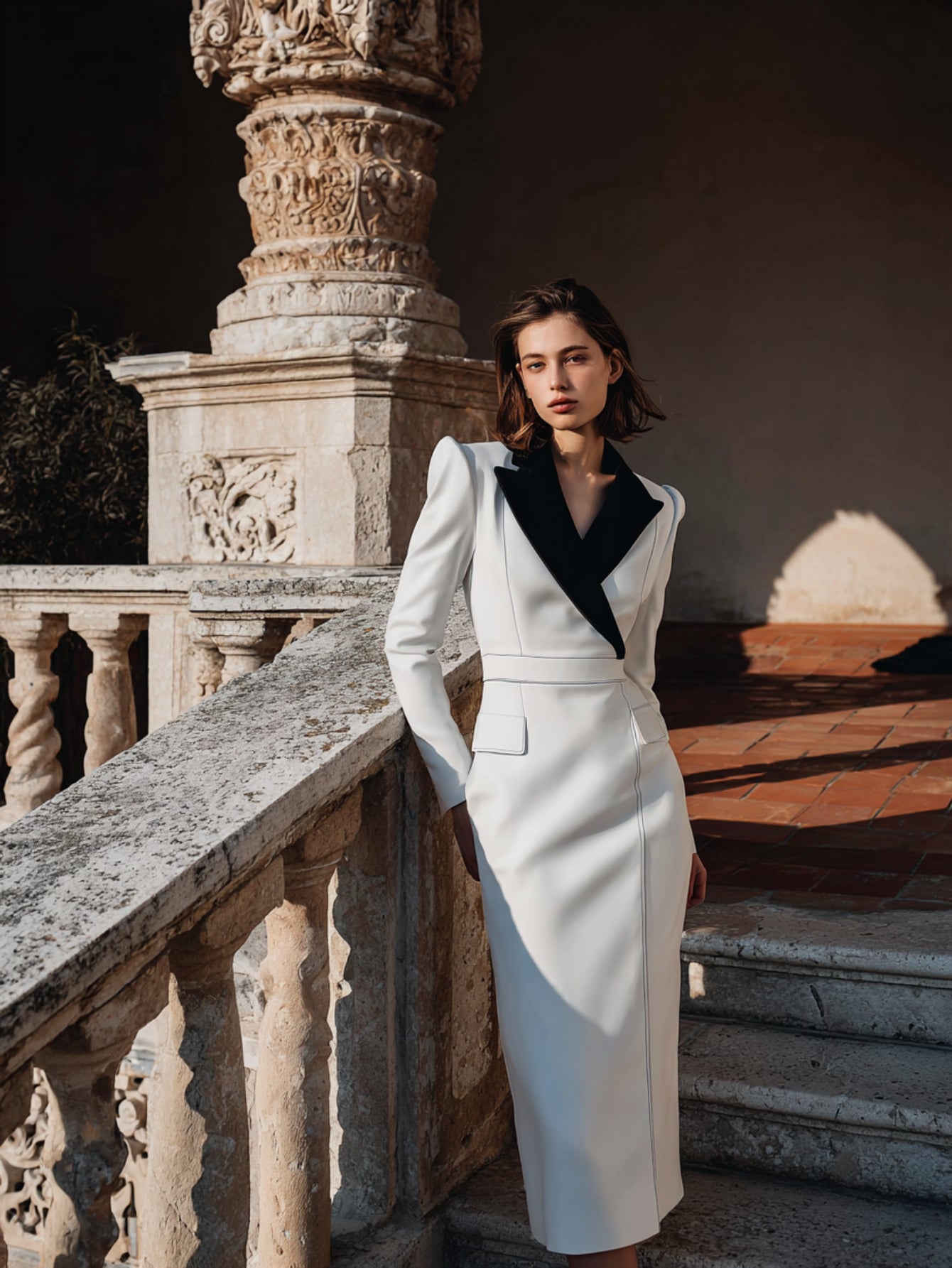 Women's Dress Autumn Elegant 2025 Plain Contrast Collar Blazer Lapel V-Neck Long Sleeve Slim Fit Midi Business Dress